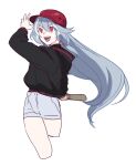  1girl amyucheu baseball_bat baseball_helmet black_hoodie blue_shorts fu_hua fu_hua_(herrscher_of_sentience) grey_hair hair_between_eyes hair_ornament helmet highres holding holding_baseball_bat honkai_(series) honkai_impact_3rd hood hoodie long_hair long_sleeves multicolored_hair open_mouth red_eyes shorts simple_background solo streaked_hair teeth v-shaped_eyebrows white_background 