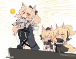  1other 3girls ? ambiguous_gender animal_ears arknights armor aunt_and_niece black_bow black_jacket blemishine_(arknights) blonde_hair bow chibi closed_eyes commentary doctor_(arknights) earpiece emphasis_lines extra_ears eyebrows_visible_through_hair hair_between_eyes hair_bow handkerchief highres holding_person hood hood_up horse_ears horse_girl horse_tail implied_extra_ears jacket jitome kyou_039 long_hair mask multiple_girls nearl_(arknights) open_clothes open_jacket parody ponytail shirt siblings sisters spoken_question_mark standing tail the_lion_king thick_eyebrows twitter_username whislash_(arknights) white_background white_shirt wiping_face yellow_eyes 