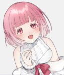  1girl bangs blush bow breasts dress eyebrows_visible_through_hair from_above grey_background highres kingyozaka_meiro looking_up medium_breasts nijisanji off_shoulder open_mouth pink_eyes pink_hair red_bow smile so_nagi_(artist) solo upper_body virtual_youtuber white_dress 