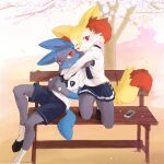  1boy 1girl :3 ancesra animal_ear_fluff animal_ears animal_nose artist_name bench black_footwear black_fur blue_fur blue_neckwear blue_shorts blue_skirt blush body_fur braixen breast_pocket cellphone cherry_blossoms closed_mouth clothed_pokemon commentary day embarrassed english_commentary fang flat_chest fox_ears fox_girl fox_tail full_body furry gen_4_pokemon gen_6_pokemon happy heart hetero highres holding_hands hug hug_from_behind interspecies light_blush looking_at_another looking_at_viewer looking_to_the_side lucario miniskirt mixed-language_commentary neckerchief nose_blush on_bench one_eye_closed open_mouth outdoors patreon_username petals phone pleated_skirt pocket pokemon pokemon_(creature) red_eyes school_uniform serafuku shirt shoes short_sleeves shorts sitting skirt smartphone smile snout socks squatting stick tail tree watermark web_address white_fur white_legwear white_shirt wolf_boy wolf_ears wolf_tail yellow_fur 