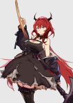  1girl absurdres arknights black_dress demon_girl demon_horns dress dxez4457 highres holding holding_weapon horns long_hair looking_back redhead surtr_(arknights) sword thigh-highs violet_eyes weapon 