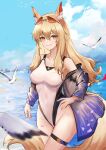  1girl animal_ear_fluff animal_ears arknights bare_shoulders bird blonde_hair blue_sky breasts brown_eyes clouds covered_navel cowboy_shot day ema_(kuguiema) eyewear_on_head hand_on_hip highres long_hair medium_breasts mixed-language_commentary nearl_(arknights) nearl_(shimmering_dew)_(arknights) one-piece_swimsuit outdoors seagull see-through sky solo standing sunglasses swimsuit tail thigh_strap thighs white_swimsuit 
