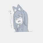  1girl animal_ear_fluff animal_ears bangs cropped_torso eyebrows_visible_through_hair fox_ears grey_background greyscale highres japanese_clothes kimono kuro_kosyou long_hair looking_at_viewer monochrome open_mouth original shaded_face simple_background solo translation_request upper_body 