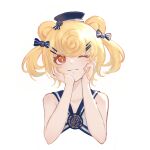  1girl animal_ears arknights bare_arms bear_ears blonde_hair blue_bow blue_headwear blue_shirt bow closed_mouth collarbone commentary_request cropped_torso gummy_(arknights) gummy_(summer_flowers)_(arknights) hair_bow hair_ornament hairclip hands_on_own_face hat highres looking_at_viewer mini_hat nekonomi official_alternate_costume one_eye_closed red_eyes shirt short_hair simple_background sleeveless sleeveless_shirt smile solo sparkle upper_body white_background 