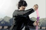  1boy black_hair black_suit candy collared_shirt facial_hair food formal goatee highres holding holding_candy holding_food long_long_man male_focus sakeru_gummy shirt solo suit upper_body yourfreakyneighbourh 
