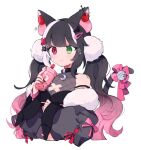  1girl animal_ears bangs black_hair commission dip-dyed_hair green_eyes hair_ornament hairclip indie_virtual_youtuber long_hair pink_hair pom_pom_(clothes) pom_pom_hair_ornament qiu_yue_(vtuber) skeb_commission solo tabemon_oishi tail tail_ornament twintails white_background white_hair 