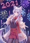  1girl absurdres animal_ear_fluff animal_ears antenna_hair bangs breasts breath chinese_commentary coat commentary cowboy_shot extra_ears eyebrows_visible_through_hair fireworks fox_ears fox_tail grey_hair hair_between_eyes highres kirby_d_a long_hair looking_at_viewer open_clothes open_coat original reaching_out red_scarf scarf skirt smile solo tail very_long_hair violet_eyes white_hair winter_clothes winter_coat 