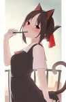  1girl absurdres animal_ears arapi black_hair blush breasts cat_ears cat_tail fake_animal_ears fake_tail highres kaguya-sama_wa_kokurasetai_~tensai-tachi_no_renai_zunousen~ looking_at_viewer red_eyes school_uniform shinomiya_kaguya short_sleeves shuuchiin_academy_uniform small_breasts solo tail tied_hair 