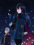  1boy 1girl ameno_(a_meno0) blue_eyes blue_hair cape fingerless_gloves fire_emblem fire_emblem_awakening fireflies gloves hair_between_eyes long_hair looking_at_viewer lucina_(fire_emblem) night night_sky open_mouth robin_(fire_emblem) robin_(fire_emblem)_(male) short_hair sky smile symbol-shaped_pupils tiara white_hair 