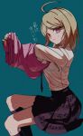  1girl ahoge akamatsu_kaede bangs black_legwear blonde_hair breasts commentary dangan_ronpa_(series) dangan_ronpa_v3:_killing_harmony feet_out_of_frame from_side green_background hair_ornament highres invisible_chair kneehighs long_hair long_sleeves looking_at_viewer musical_note musical_note_hair_ornament musical_note_print nzeneee pink_vest pleated_skirt purple_skirt shirt sitting skirt solo sweat sweater_vest translated undressing vest 