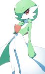  1girl bangs blurry bob_cut colored_skin commentary depth_of_field flat_chest gardevoir gen_3_pokemon green_hair green_skin hair_over_one_eye hand_on_own_chest hand_up highres jpeg_artifacts looking_at_viewer multicolored multicolored_skin parted_lips pokemon pokemon_(creature) red_eyes sasaki_sue shiny shiny_hair short_hair simple_background solo standing two-tone_skin white_background white_skin 