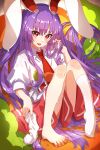  1girl animal_ears barefoot carrot collared_shirt eyebrows_visible_through_hair fuji_tarawi highres legs long_hair necktie no_shoes open_mouth purple_hair rabbit_ears red_eyes red_neckwear reisen_udongein_inaba shirt short_sleeves socks socks_removed solo sweat sweatdrop touhou white_shirt 