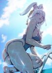  1girl animal_ears blue_eyes breasts day final_fantasy final_fantasy_xiv highres kio_naoki long_hair looking_at_viewer medium_breasts mole mole_under_mouth one-piece_swimsuit open_clothes pool_ladder rabbit_ears solo swimsuit viera wet 