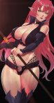  1girl absurdres breasts choker closed_mouth commission curvy fantasy glowing green_eyes hair_between_eyes half-closed_eyes highres holding holding_staff long_hair magical_girl o-ring o-ring_belt o-ring_choker original pink_hair pointy_ears red_lips solo staff uliel 