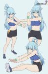  1girl aqua_(konosuba) aqua_wristband artist_name bangs bare_arms bare_legs bike_shorts black_shorts blue_background blue_eyes blue_footwear blue_hair blue_sports_bra breasts closed_mouth commentary english_commentary eyebrows_visible_through_hair eyes_visible_through_hair hair_over_eyes hair_rings hands_up highres impossible_clothes impossible_shirt kono_subarashii_sekai_ni_shukufuku_wo! large_breasts long_hair looking_at_viewer multiple_views navel shirt shoe_soles shoes shorts simple_background sitting skin_tight sneakers sports_bra sportswear stretch trembling wakkuchin20 watermark wristband 