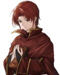  1boy azelle_(fire_emblem) book cape fire_emblem fire_emblem:_genealogy_of_the_holy_war gold_trim holding holding_book jewelry kandori_makoto long_sleeves looking_at_viewer male_focus red_eyes redhead ring simple_background solo solo_focus white_background 