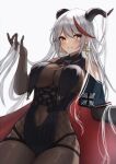  1girl aegir_(azur_lane) azur_lane bangs bare_shoulders black_gloves blush bodystocking breast_curtains breasts cape corset covered_navel elbow_gloves eyebrows_visible_through_hair gloves highres horns iron_cross jori large_breasts multicolored_hair parted_lips red_cape redhead silver_hair simple_background smile solo streaked_hair two-tone_hair underbust white_background 