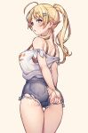  1girl alternate_hairstyle ass bangs blonde_hair blue_eyes blush breasts commentary_request cowboy_shot from_behind hachimiya_meguru hair_ornament highres idolmaster idolmaster_shiny_colors jp06 long_hair looking_at_viewer medium_breasts ponytail shirt shorts simple_background solo 