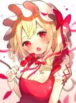  1girl :o bangs blurry blurry_background blush bow bowtie breasts chikuwa_(tikuwaumai_) depth_of_field eyebrows_visible_through_hair fang flandre_scarlet food fruit hair_bow hat head_tilt highres holding_skewer looking_at_viewer medium_breasts mob_cap one_side_up puffy_short_sleeves puffy_sleeves red_bow red_eyes red_neckwear red_vest short_hair short_sleeves simple_background skewer skin_fang solo strawberry touhou upper_body vest white_background white_headwear 