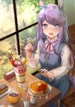  1girl absurdres animal_ears buttons chain food highres holding holding_spoon horse_ears horse_girl horse_tail long_hair long_sleeves mejiro_mcqueen_(umamusume) open_mouth pancake parfait purple_hair sitting solo spoon tail torottye umamusume violet_eyes window 