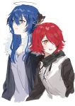  2girls arknights black_jacket black_sleeves blue_eyes blue_hair commentary demon_horns exusiai_(arknights) fur-trimmed_hood fur_trim grey_shirt hair_over_one_eye halo highres hood horns jacket long_hair looking_to_the_side looking_up mostima_(arknights) multiple_girls nanaponi open_mouth shirt short_hair simple_background sketch upper_body upper_teeth white_background white_jacket yellow_eyes 