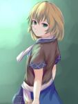  1girl bangs blonde_hair blue_skirt blue_sleeves brown_shirt brown_sleeves closed_mouth eyebrows_visible_through_hair florentia_menma from_behind green_background green_eyes hair_between_eyes highres looking_at_viewer mizuhashi_parsee no_hat no_headwear scarf shirt short_hair short_sleeves simple_background skirt solo touhou white_scarf 