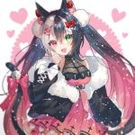  1girl animal_ears bangs black_hair commission dip-dyed_hair green_eyes hair_ornament hairclip indie_virtual_youtuber long_hair pink_eyes pink_hair qiu_yue_(vtuber) shione_(memento_forest) skeb_commission solo tail tail_ornament twintails white_hair x_hair_ornament 