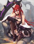  1girl absurdres arknights black_dress collar demon_girl dress giant_hand high_heels highres long_hair looking_at_viewer redhead sitting slit_pupils spiked_collar spikes surtr_(arknights) thigh-highs vincent_ky violet_eyes 