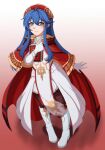  1girl alternate_costume blue_eyes blue_hair book brown_legwear cape dress fire_emblem fire_emblem:_the_binding_blade fire_emblem_heroes gloves highres lilina_(fire_emblem) looking_at_viewer magical_girl princess smile white_dress white_footwear white_gloves 