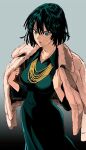  1girl bangs breasts collared_dress from_above fubuki_(one-punch_man) fur_coat gradient gradient_background green_eyes green_hair hair_between_eyes highres jewelry murata_yuusuke one-punch_man short_hair standing 