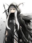  1girl arknights black_cloak black_dress black_eyes breasts case cloak closed_mouth commentary cowboy_shot demon_horns dress gradient gradient_background grey_background hair_between_eyes holding hood hood_up hooded_cloak horns long_hair looking_at_viewer medium_breasts shining_(arknights) silver_hair solo staff strap thigh_strap thighs uryu_(uryu0329) white_background wrist_wrap wristband 