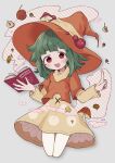  1girl bangs blunt_bangs book commission cowboy_shot floating green_hair hat highres layered_clothing long_sleeves mushroom no1shyv open_mouth orange_headwear original red_eyes skeb_commission solo witch_hat 