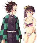  1boy 1girl black_hair blush brown_hair butterfly_hair_ornament checkered closed_mouth couple earrings hair_ornament japanese_clothes jewelry kamado_tanjirou kimetsu_no_yaiba long_sleeves looking_at_viewer open_mouth pleated_skirt scar scar_on_face scar_on_forehead shirokuma_(shiropan777) side_ponytail skirt smile tsuyuri_kanao underwear violet_eyes 