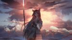  1girl animal_ears arknights bangs black_hair clouds cloudy_sky dog_ears dog_girl evening han_yijie highres holding holding_weapon long_hair looking_to_the_side mountain mountainous_horizon parted_bangs saga_(arknights) sky solo traditional_clothes very_long_hair weapon 