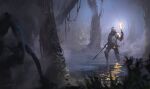  1boy armor blurry blurry_foreground breastplate brown_pants character_request copyright_request depth_of_field full_armor grass holding holding_sword holding_torch holding_weapon male_focus miso_katsu pants red_scarf scarf solo souls_(series) standing sword torch tree walking weapon wetland 