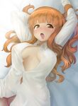  1girl absurdres arms_up bangs bed_sheet blunt_bangs breasts commentary dress_shirt eyebrows_visible_through_hair from_above girls_und_panzer half-closed_eyes highres long_hair lying medium_breasts naked_shirt on_back on_bed open_mouth orange_eyes orange_hair shiina_excel shirt solo sweat takebe_saori tearing_up waking_up yawning 