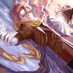  1boy 1girl brown_hair brown_jacket clouds dress dutch_angle facing_away hair_between_eyes highres id_:invaded jacket looking_at_viewer lying on_back parted_lips scarf short_hair water yellow_scarf you_shikage 