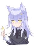  1girl ^^^ animal_ear_fluff animal_ears bangs blue_hair capelet cat_ears dot_mouth eyebrows_visible_through_hair hair_between_eyes hair_ornament hairclip klaius long_hair long_sleeves looking_at_viewer original side_ponytail simple_background solo thumbs_up upper_body white_background yellow_eyes 