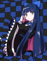  aqua_eyes bangs black_dress black_legwear blue_bow blue_hair blue_legwear blue_neckwear blush bow breasts checkered checkered_background closed_mouth dress gothic_lolita hair_bow highres kou89 lolita_fashion long_hair medium_breasts multicolored_hair pale_skin panty_&amp;_stocking_with_garterbelt pink_hair stocking_(psg) 