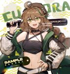  1girl :d ahoge arknights bandeau bangs bare_shoulders belt beret black_choker black_headwear brown_hair character_name choker clothes_writing cuora_(arknights) etiv green_eyes green_hair hair_between_eyes hand_on_hip hand_up hat highres jacket long_hair long_sleeves looking_at_viewer midriff multicolored_hair navel off_shoulder open_clothes open_jacket open_mouth smile solo stomach streaked_hair upper_body white_belt 