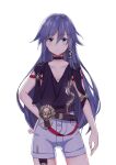  1girl bangs bare_shoulders belt black_hair black_shirt blue_eyes choker closed_mouth fu_hua fu_hua_(night_squire) hair_between_eyes hair_ornament hand_on_hip honkai_(series) honkai_impact_3rd long_hair looking_at_viewer shirt shorts simple_background solo white_background white_shorts xiao_fei 