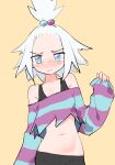  1girl absurdres bare_shoulders bike_shorts blue_eyes blush closed_mouth commentary eds english_commentary freckles gym_leader hair_bobbles hair_ornament hand_up highres looking_at_viewer navel off-shoulder_shirt off_shoulder pokemon pokemon_(game) pokemon_bw2 roxie_(pokemon) shirt simple_background sleeves_past_wrists solo spiky_hair striped striped_shirt topknot white_hair yellow_background 
