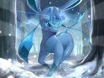  animal_focus artist_name blue_sclera blue_sky blue_theme blurry blurry_background breath colored_sclera commentary_request crystal gen_4_pokemon glaceon highres ice looking_at_viewer no_humans open_mouth outdoors pokemon pokemon_(creature) rio_(user_nvgr5434) running sideways_mouth signature sky snow snowing solo tree white_eyes 