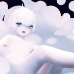  1girl :o bangs black_eyes blush breasts darandy fangs hair_between_eyes highres no_nipples nude open_mouth original pale_skin short_hair simple_background small_breasts solo two-tone_background white_hair 