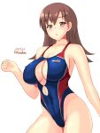  1girl blue_swimsuit brown_eyes brown_hair cleavage_cutout clothing_cutout competition_swimsuit cowboy_shot dated highleg highleg_swimsuit highres kantai_collection long_hair montemasa navel_cutout one-piece_swimsuit ooi_(kancolle) simple_background solo standing swimsuit twitter_username white_background 
