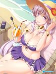  1girl alternate_costume artist_name bangs bikini bikini_skirt bracelet breasts cellphone chair choker commission commissioner_upload cup cute drinking_straw etchimune fire_emblem fire_emblem:_genealogy_of_the_holy_war fire_emblem_heroes flower hat holding holding_cup intelligent_systems ishtar_(fire_emblem) jewelry long_hair looking_at_viewer navel nintendo open_mouth phone purple_hair red_flower scenery smile solo summer super_smash_bros. swimsuit violet_eyes water 