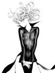  1girl bare_legs black_dress breasts closed_mouth covered_navel curly_hair dress eyelashes greyscale hands_together long_sleeves looking_at_viewer monochrome murata_yuusuke one-punch_man pelvic_curtain skin_tight small_breasts standing tatsumaki white_background 