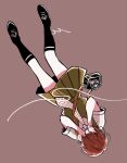  1girl black_footwear black_legwear brown_hair camera collared_shirt commentary_request covering_face dangan_ronpa_(series) dangan_ronpa_2:_goodbye_despair freckles full_body hands_on_own_face kiri_(2htkz) kneehighs koizumi_mahiru miniskirt necktie plaid plaid_skirt pleated_skirt redhead school_uniform shirt shoes short_hair short_sleeves simple_background skirt solo upside-down white_shirt 