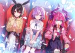  3girls aqua_eyes belt black_bow black_hair blue_skirt bow breasts churro collar cup curled_horns disposable_cup drinking_straw eating elizabeth_bathory_(fate) elizabeth_bathory_(fate)_(all) fate/grand_order fate_(series) feather_hair food food_on_face hair_ribbon hanagata hands_clasped hands_on_lap hood hoodie horns long_hair long_sleeves mash_kyrielight medium_breasts movie_theater multiple_girls off-shoulder_shirt off_shoulder official_art open_mouth ortlinde_(fate) own_hands_together petals pink_collar pink_hair pink_shirt pointy_ears puffy_long_sleeves puffy_sleeves purple_hair purple_ribbon red_eyes ribbon shawl shirt short_hair sitting skirt sleeveless sleeveless_shirt smile tearing_up two_side_up valkyrie_(fate) violet_eyes wavy_mouth white_shirt white_skirt yellow_hoodie 