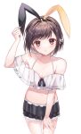  1girl :&lt; absurdres animal_ears arm_up bangs bare_shoulders bikini black_hairband brown_eyes brown_hair closed_mouth collarbone commentary_request dabi_(dabibubi) eyebrows_visible_through_hair fake_animal_ears hairband halter_top halterneck highres looking_at_viewer navel project_sekai rabbit_ears see-through shinonome_ena simple_background solo swimsuit v-shaped_eyebrows white_background white_bikini 
